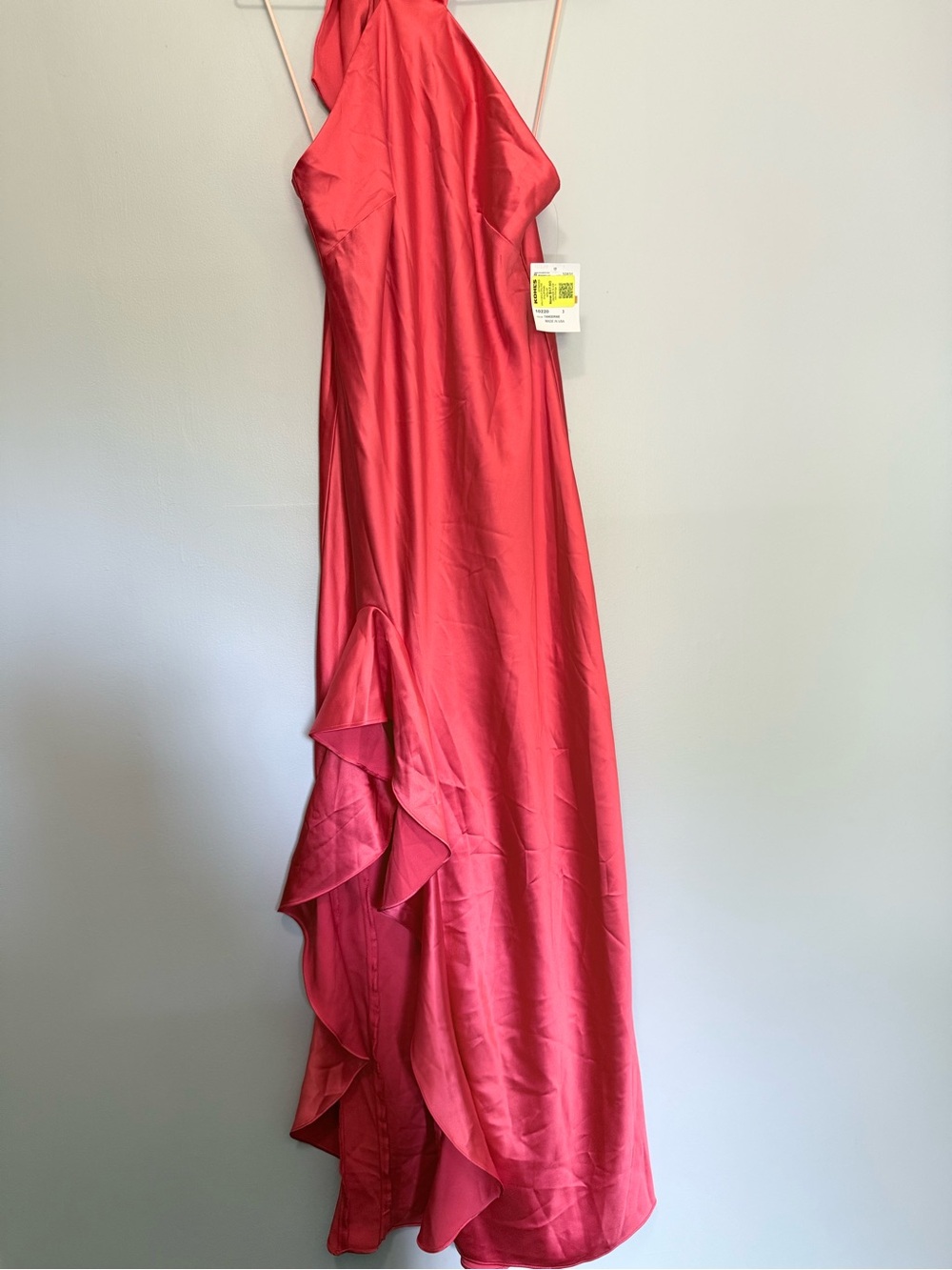 NWT Morgan & Company Coral-Red Halter Maxi Dress with Cascade Ruffle